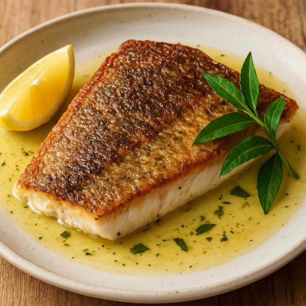 Entree: Australia – Queensland Coast – Barramundi with Lemon Myrtle (Pan-seared barramundi fillets finished with a lemon myrtle–infused butter sauce highlighting native citrus aroma) recipe