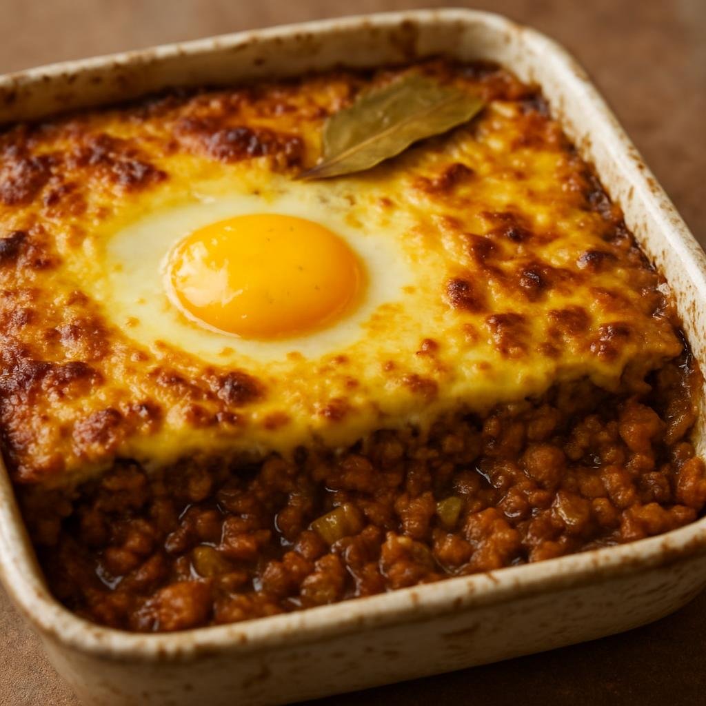 Entree: South Africa – Karoo – Bobotie (Baked spiced minced-meat casserole topped with an egg-and-milk custard) recipe