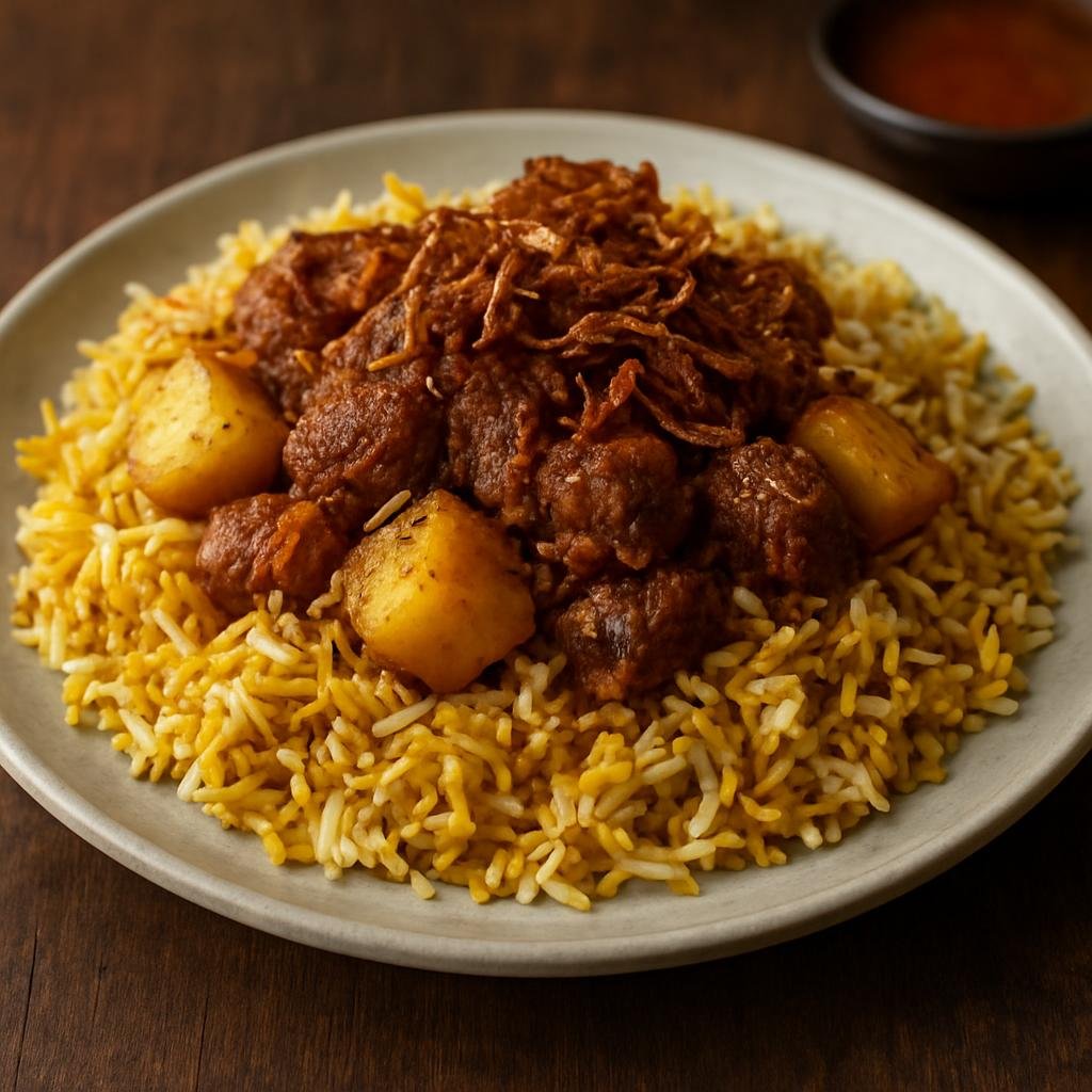 Entree: Tanzania – Zanzibar – Biryani ya Zanzibar (Zanzibari layered spiced rice with marinated meat, potatoes, and fried onions) recipe