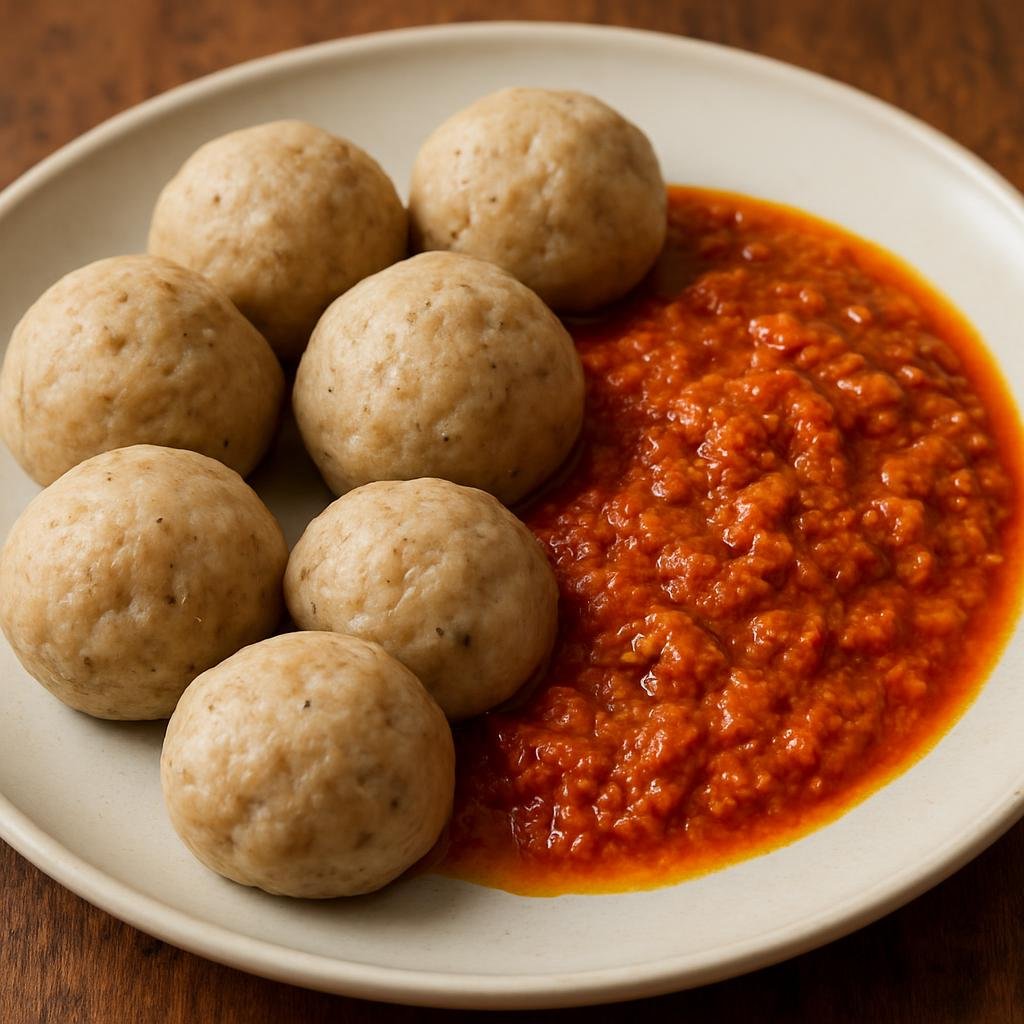 Entree: Nigeria – Kanuri Northeast – Dan Wake (Steamed or boiled savory dumplings made from ground cowpeas served with a spicy tomato–groundnut sauce) recipe
