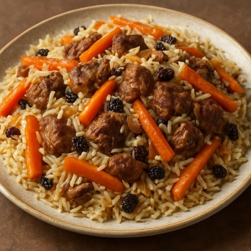 Entree: Pakistan – Khyber Pakhtunkhwa – کابلی پلو ➤ Kābulī Pulao (A fragrant pilaf of long-grain rice layered with spiced tender lamb, sweet carrots, and raisins) recipe