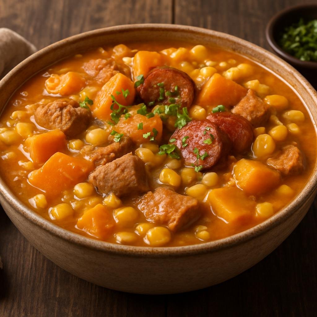 Entree: Argentina – Cuyo – Locro (Hearty Andean-style corn and squash stew with pork and chorizo) recipe
