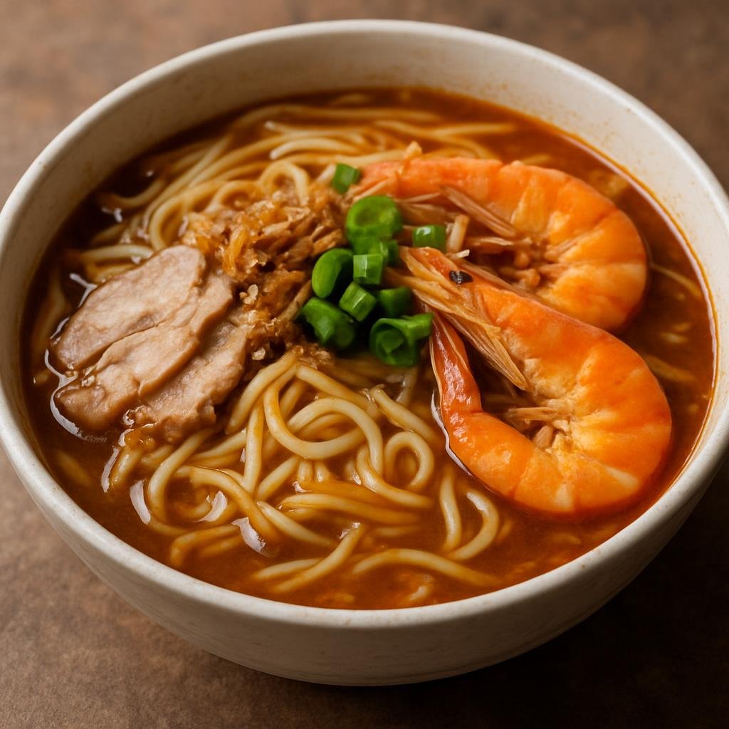 Entree: Malaysia – Penang – 福建麵 ➤ Fújiàn miàn (Prawn-and-pork noodle soup with a rich prawn broth and mixed yellow and rice noodles) recipe