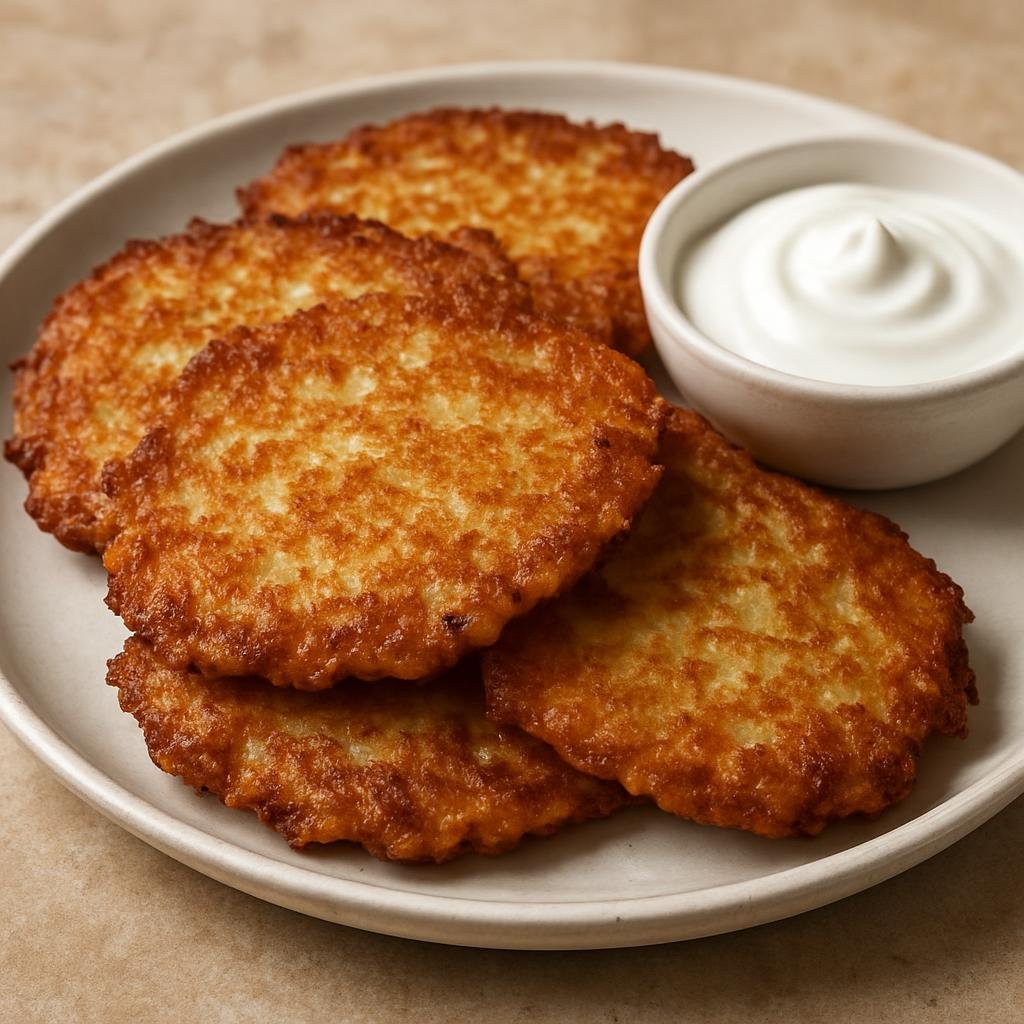 Entree: Ukraine – Odesa & Black Sea – Деруни ➤ Deruny (Crisp pan-fried potato pancakes made from grated potatoes, onion, egg, and flour, served hot with sour cream) recipe