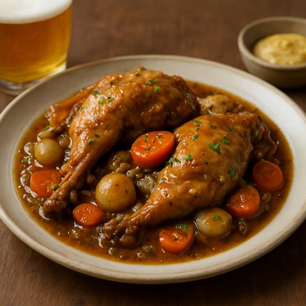Entree: Belgium – Wallonia – Lapin à la Gueuze (Rabbit braised in traditional Belgian Gueuze beer with aromatic vegetables and mustard) recipe