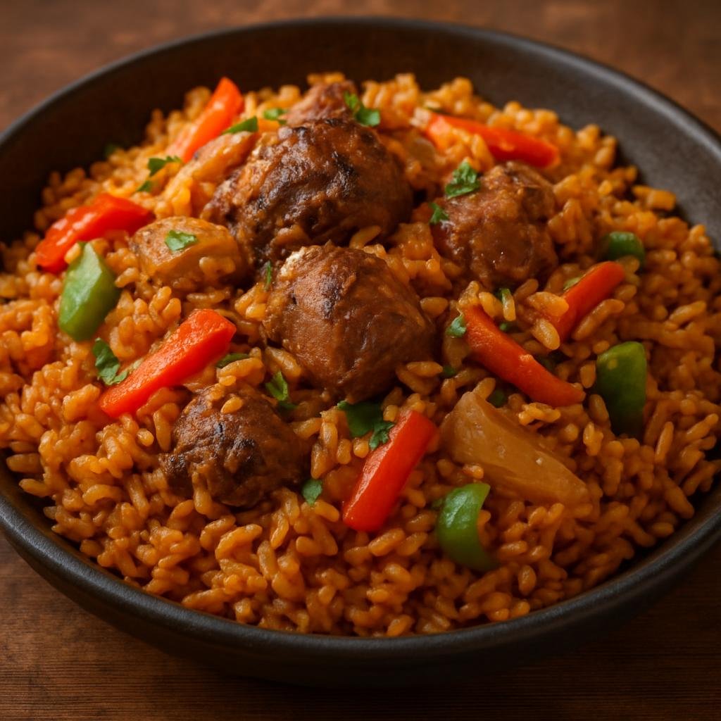 Entree: Ghana – Northern Ghana – Jollof Rice (One-pot West African spiced tomato rice cooked with seasoned meat and vegetables) recipe
