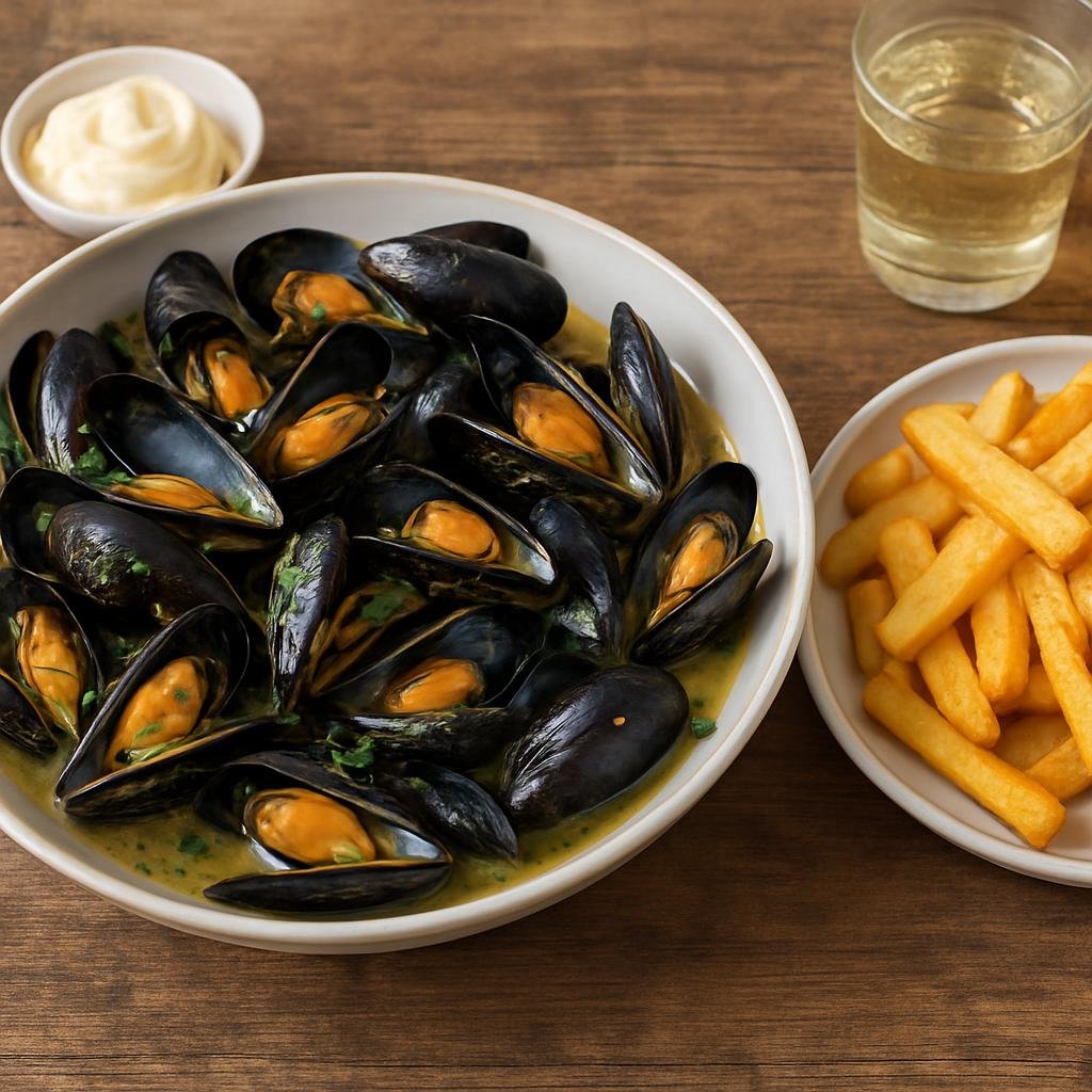 Entree: Netherlands – North Sea Coast – Mosselen met Friet (Steamed North Sea mussels in a fragrant broth served with hot, crispy fries) recipe