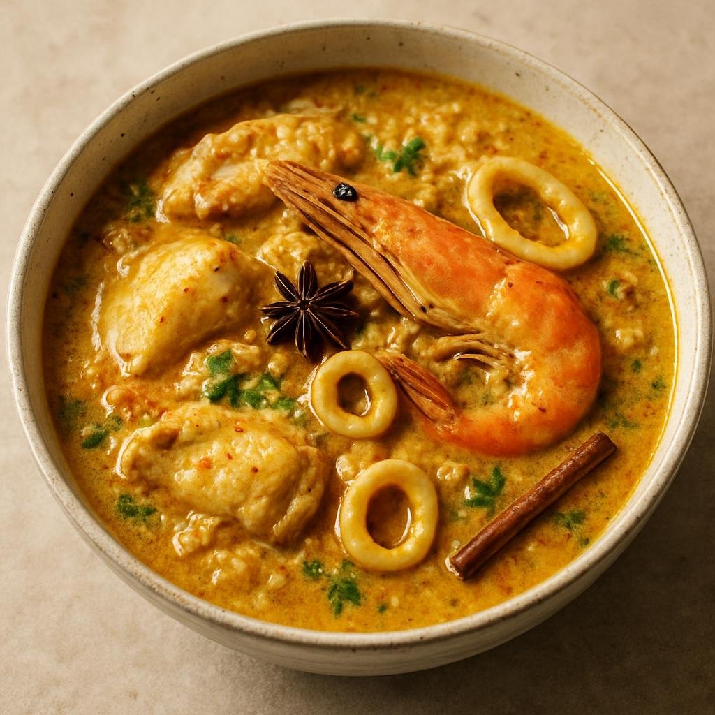 Entree: Sri Lanka – Sri Lankan Muslim Cuisine – Kool (Hearty Sri Lankan Muslim coconut-and-rice stew with seafood and warm spices) recipe