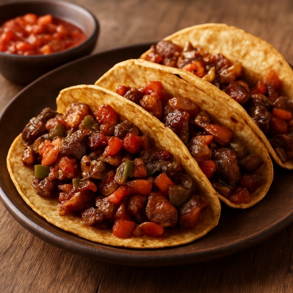 Entree: Mexico – Durango & Zacatecas – Tacos de Discada (Hearty Mexican tacos made from a mixed-grill discada of various meats cooked with peppers, onions, tomatoes, and beer, served in warm tortillas) recipe