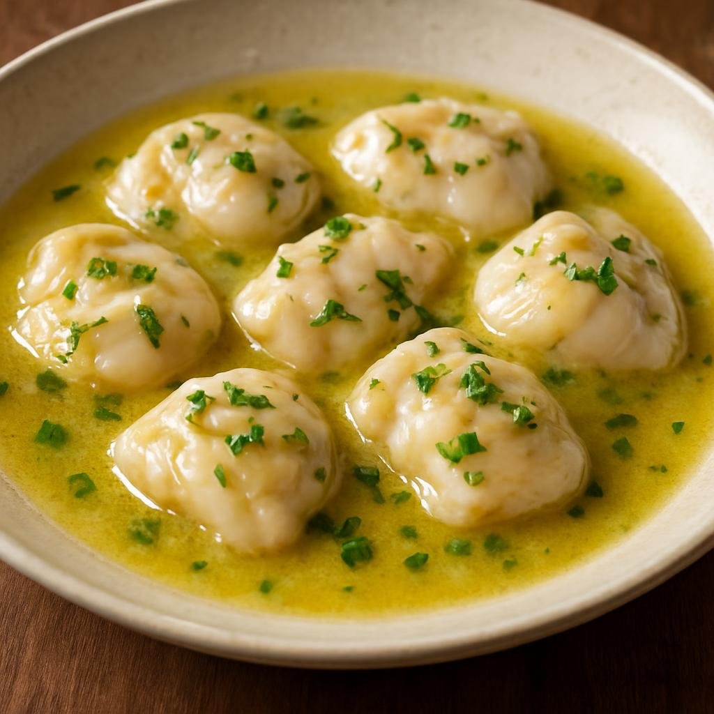 Entree: Spain – Basque Country – Kokotxas de Merluza (Hake cheeks gently cooked and served in a silky garlic and olive oil pil‑pil sauce) recipe