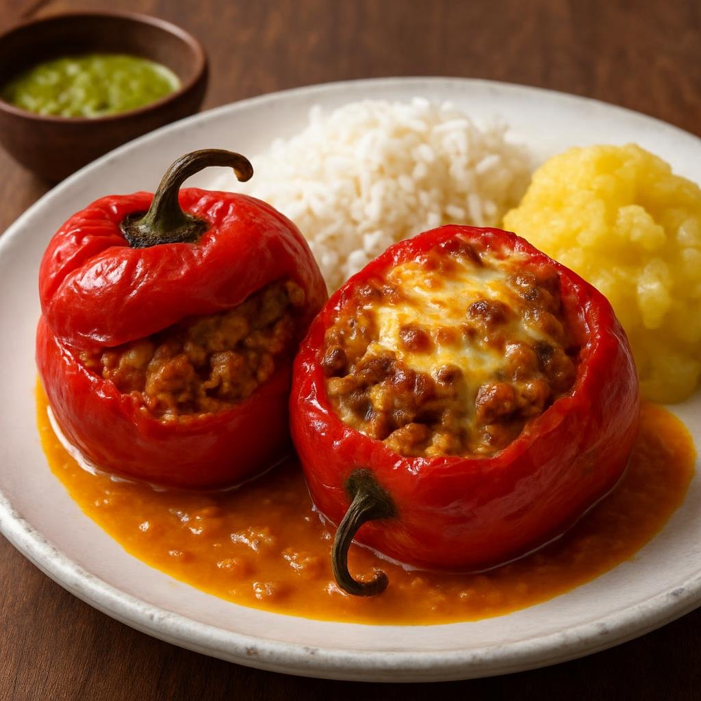 Entree: Peru – Cuzco – Rocoto Relleno (Stuffed spicy rocoto peppers filled with savory seasoned meat, vegetables, and cheese, baked until tender) recipe