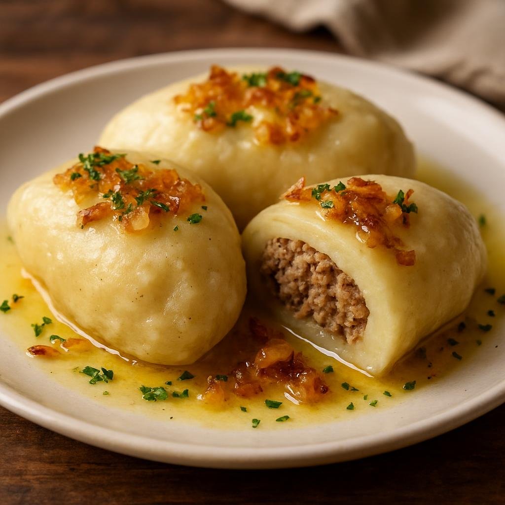Entree: Poland – Podlasie – Kartacze (Large potato dumplings filled with seasoned minced meat, boiled and served with butter and fried onions) recipe