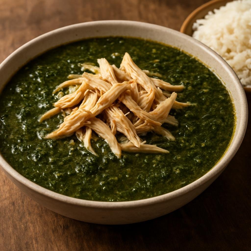 Entree: Egypt – Nubian Egypt – ملوخية ➤ Mulukhiyya (A savory Egyptian stew of finely chopped jute leaves cooked in seasoned broth, usually served with shredded chicken or rice) recipe