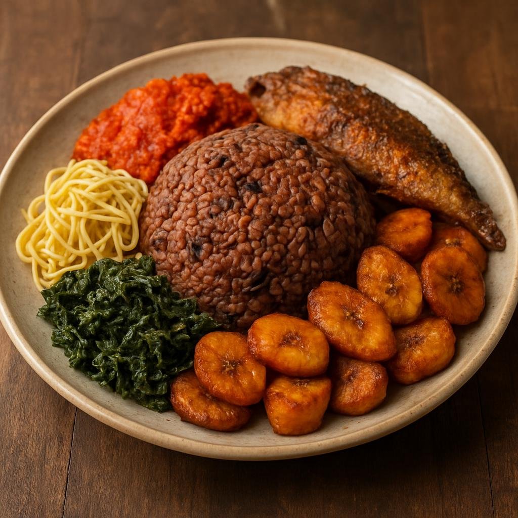 Entree: Ghana – Northern Ghana – Waakye (Ghanaian one-pot rice and beans cooked together, traditionally colored with sorghum leaves and served with protein and sides) recipe