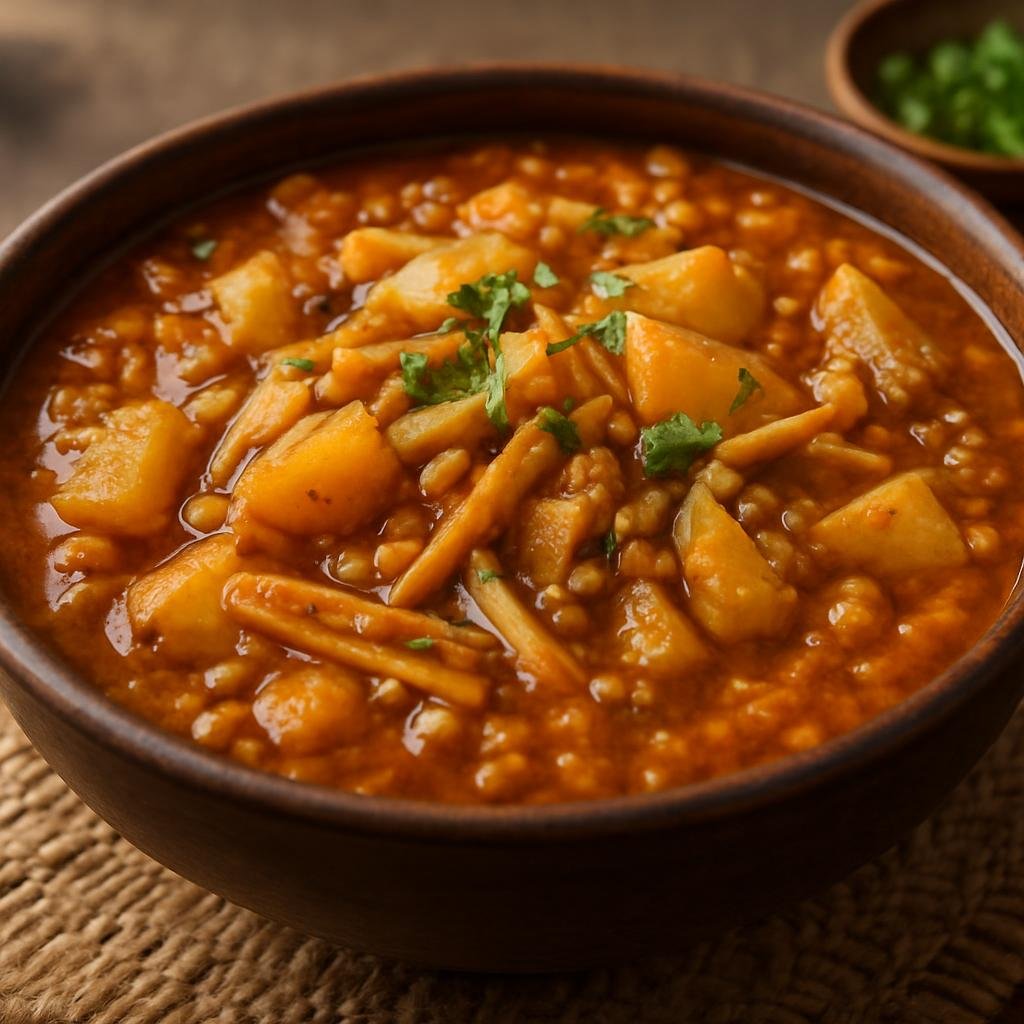 Entree: Nepal – Thakali Cuisine – Aaloo Tama (Tangy Nepalese stew of potatoes and fermented bamboo shoots, often cooked with lentils or beans) recipe
