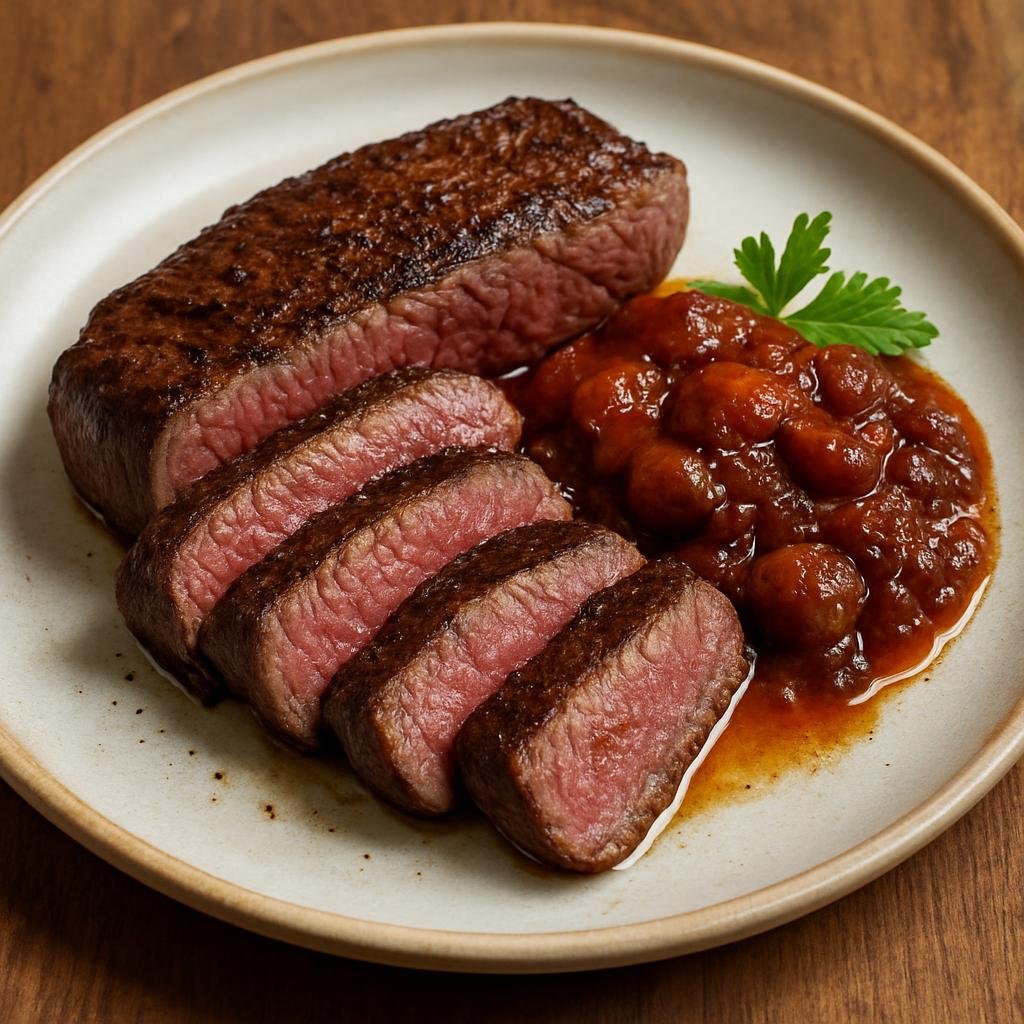 Entree: Australia – Queensland Coast – Kangaroo Steak with Bush Tomato Chutney (Seared kangaroo steaks served with a tangy-sweet chutney made from native bush tomatoes) recipe