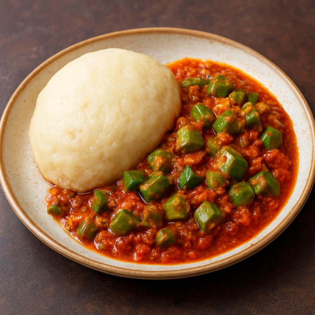Entree: Ghana – Northern Ghana – Banku with Okra Stew (Fermented corn and cassava dough dumplings served with a spicy okra and tomato stew) recipe