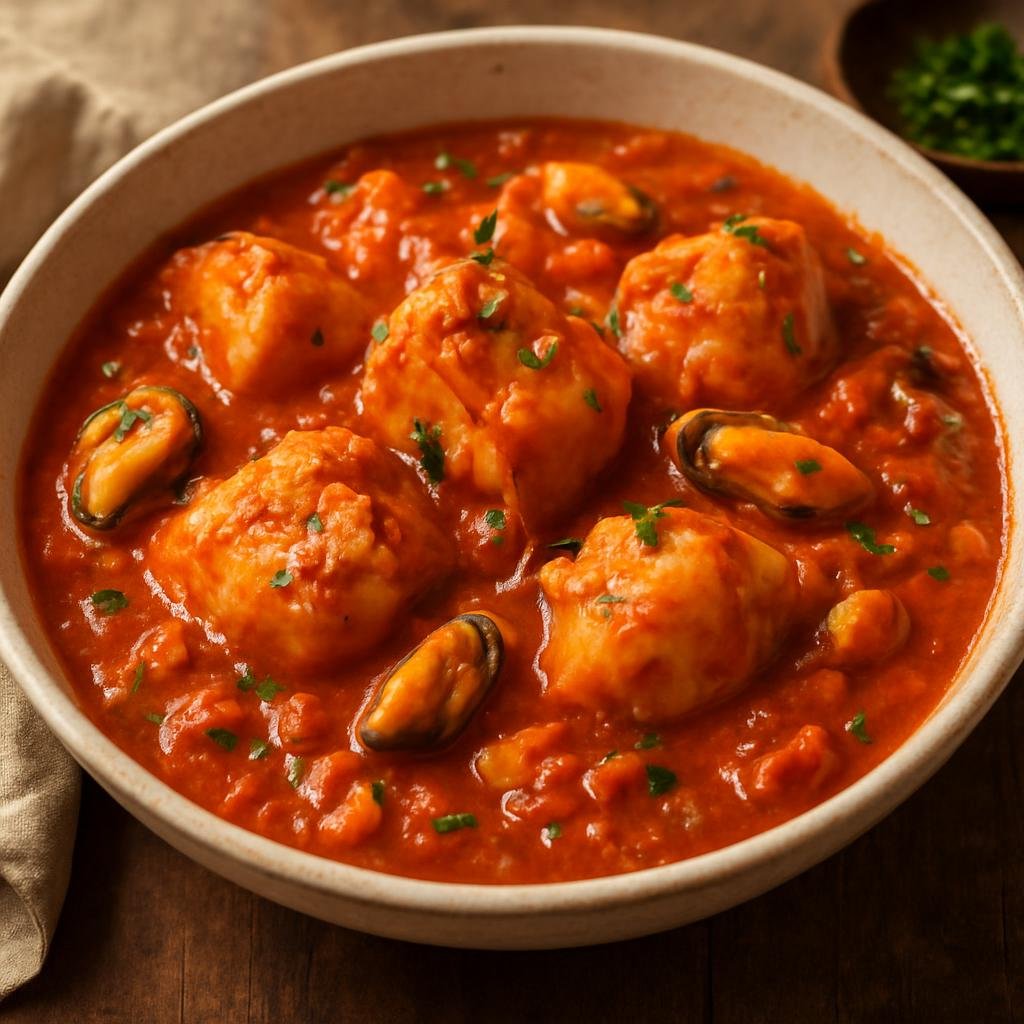Entree: France – Brittany – Lotte à l'Armoricaine (Monkfish simmered in a rich tomato-and-brandy Armorican sauce flavored with garlic and shellfish stock) recipe