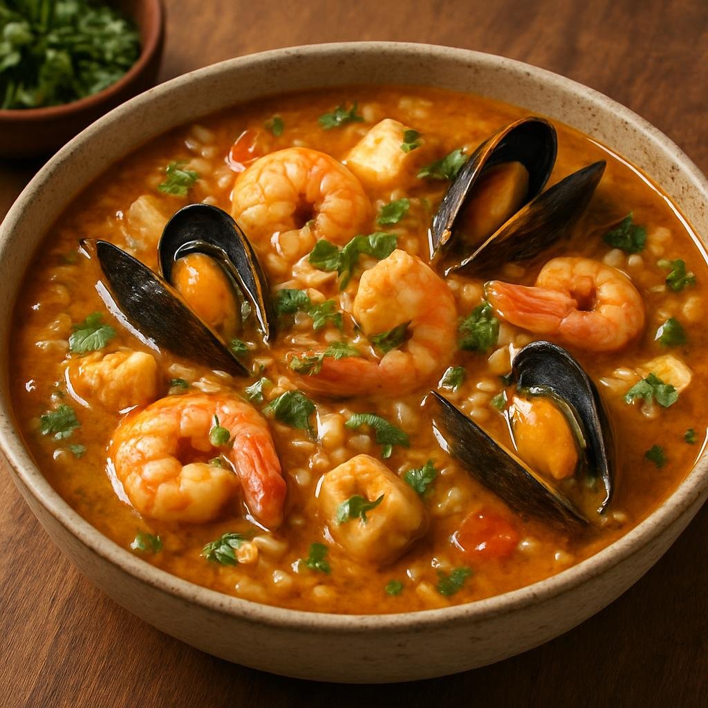 Entree: Brazil – Ceara – Arroz de Marisco (Hearty coastal Brazilian seafood-and-rice stew with a fragrant broth) recipe