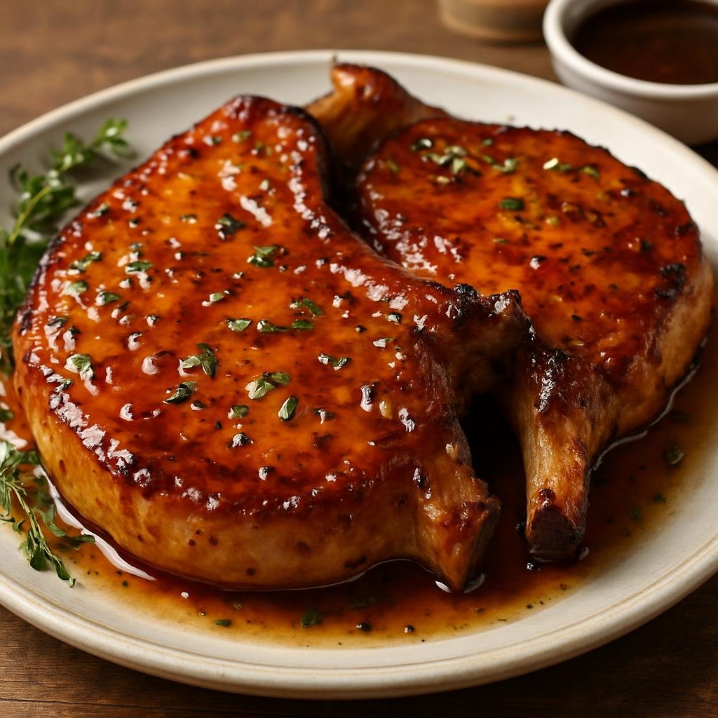 Entree: Canada – Interior British Columbia – Maple-Glazed Pork Chops (Pan-seared bone-in pork chops finished with a sweet maple glaze and aromatics) recipe
