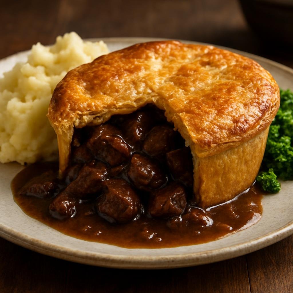Entree: United Kingdom – England - Midlands – Steak and Ale Pie (Savory British pie of slow-braised beef in ale gravy, baked under pastry) recipe