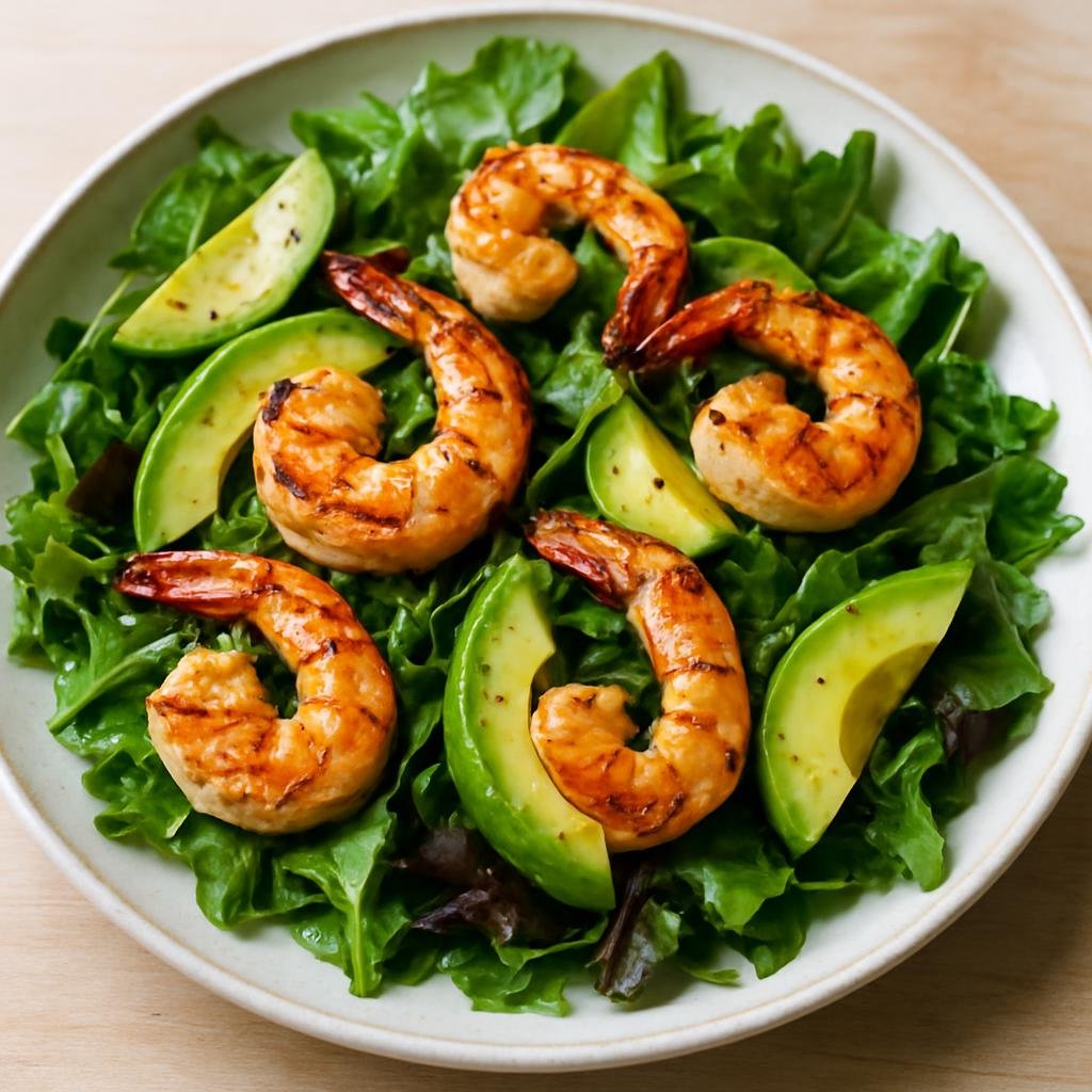Entree: Australia – Queensland Coast – Prawn and Avocado Salad (Warm grilled prawns and ripe avocado served with mixed greens and a citrus dressing) recipe