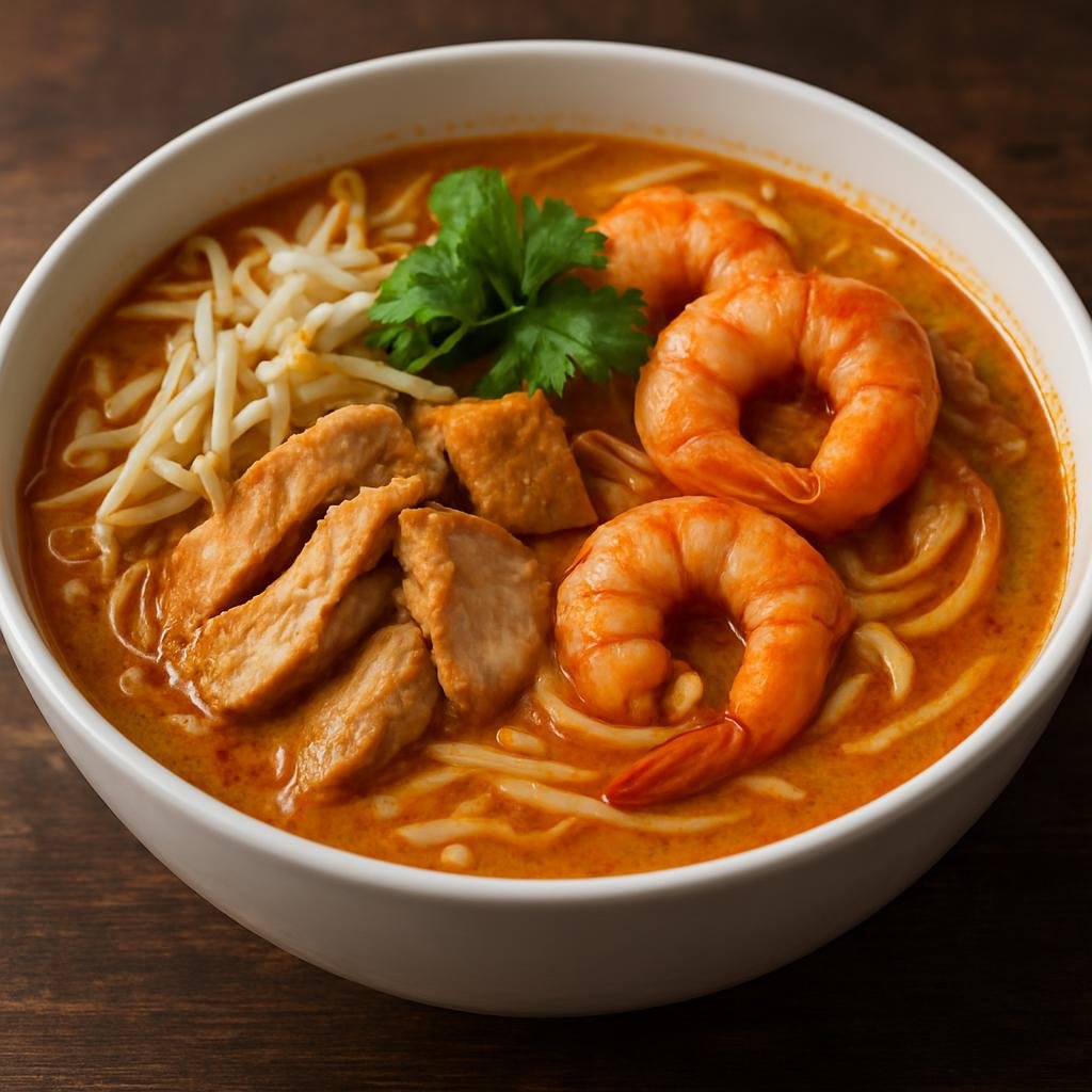 Entree: Malaysia – Penang – Curry Mee (Spicy Penang-style coconut curry noodle soup with shrimp, chicken, tofu, and bean sprouts) recipe