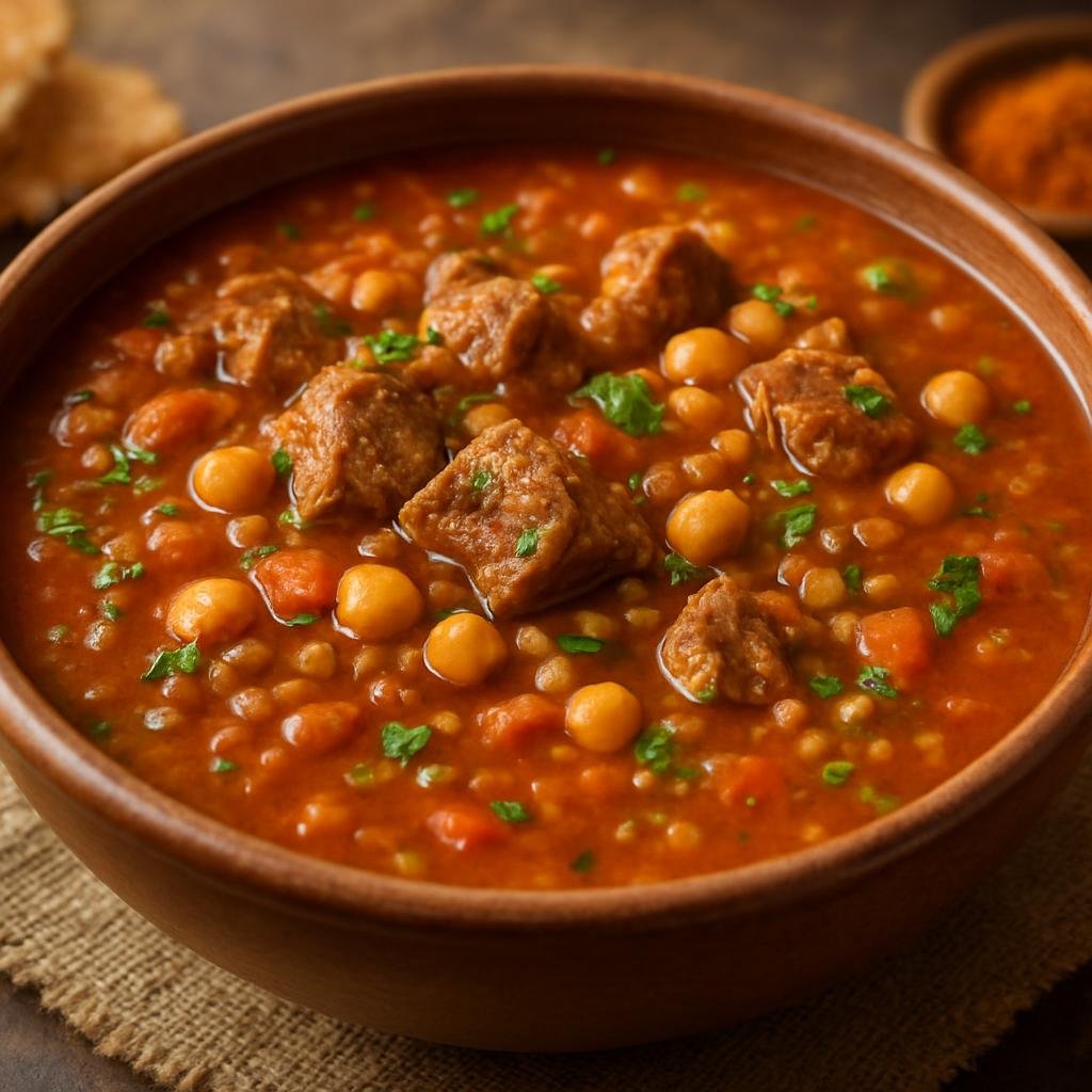 Entree: Morocco – Marrakesh – حريرة باللحم ➤ Harira bil-lahm (Hearty Moroccan tomato, lamb, lentil and chickpea soup flavored with herbs and warm spices) recipe