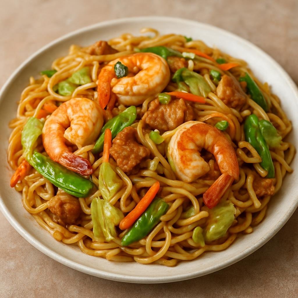 Entree: Philippines – Luzon – Pancit Canton (Filipino-style stir-fried wheat egg noodles with pork, shrimp, and mixed vegetables) recipe