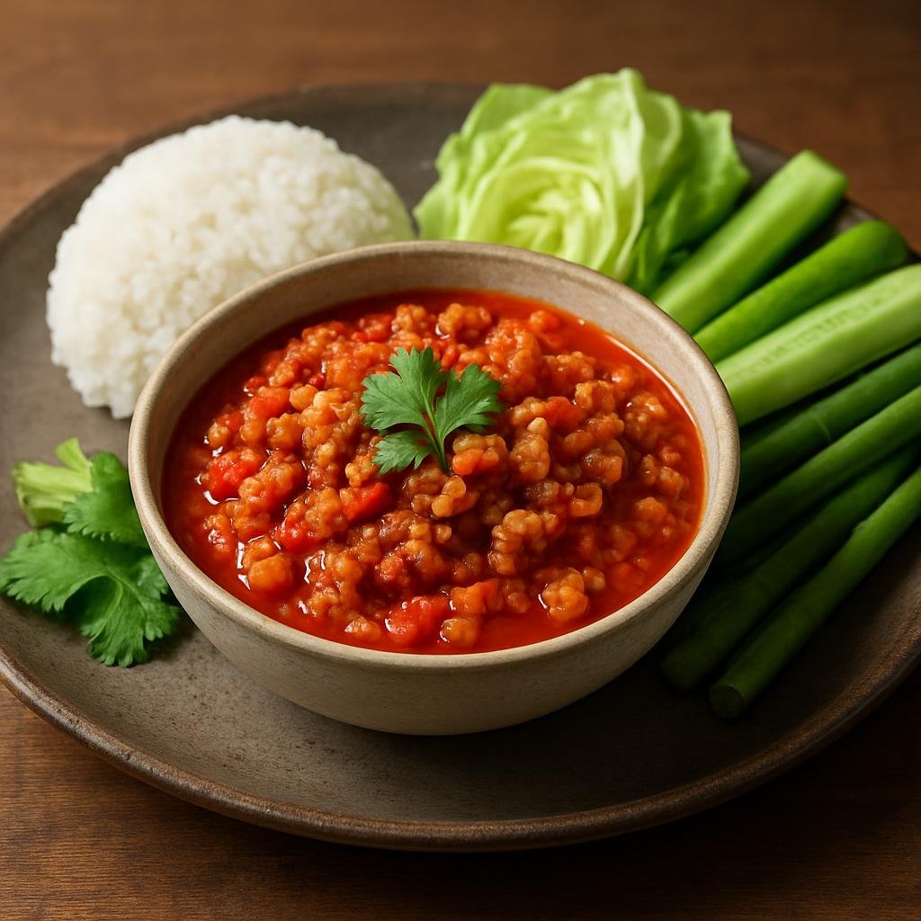Entree: Thailand – Northern Thailand – น้ำพริกอ่อง ➤ Nam Prik Ong (A Northern Thai warm chunky pork and tomato chili relish typically eaten with sticky rice and vegetables) recipe