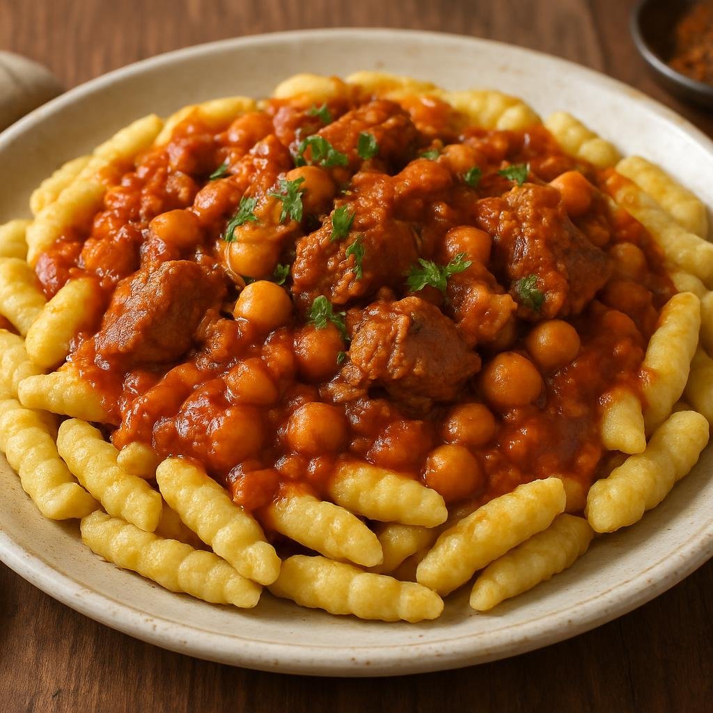 Entree: Algeria – Oran & West – تليتلي ➤ Tlitli (Small hand-rolled semolina pasta served with a rich meat and chickpea tomato sauce) recipe