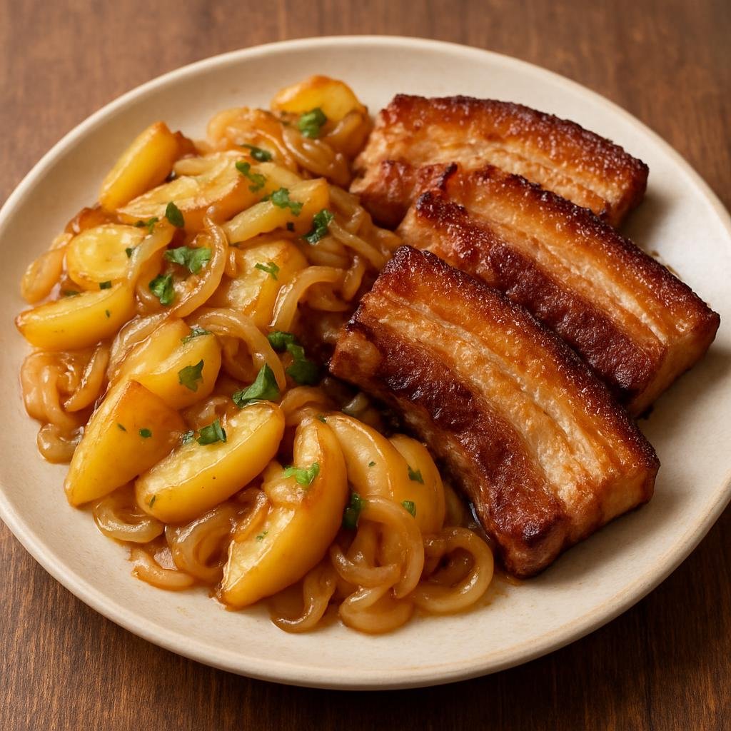Entree: Denmark – Jutland – Æbleflæsk (Pan-fried cured pork with fried apples and onions) recipe