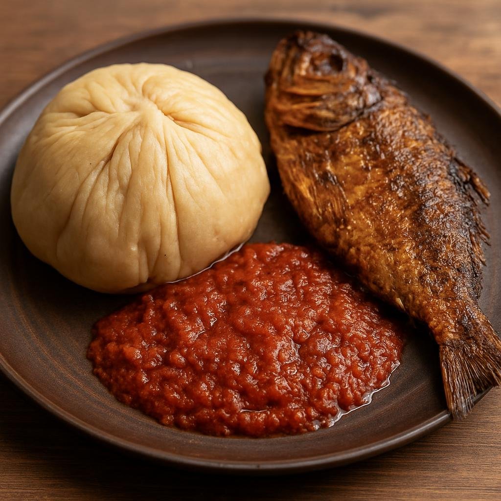 Entree: Ghana – Northern Ghana – Kenkey with Fish (Fermented corn dough dumpling wrapped and boiled, served with fried or peppered fish and spicy sauce) recipe