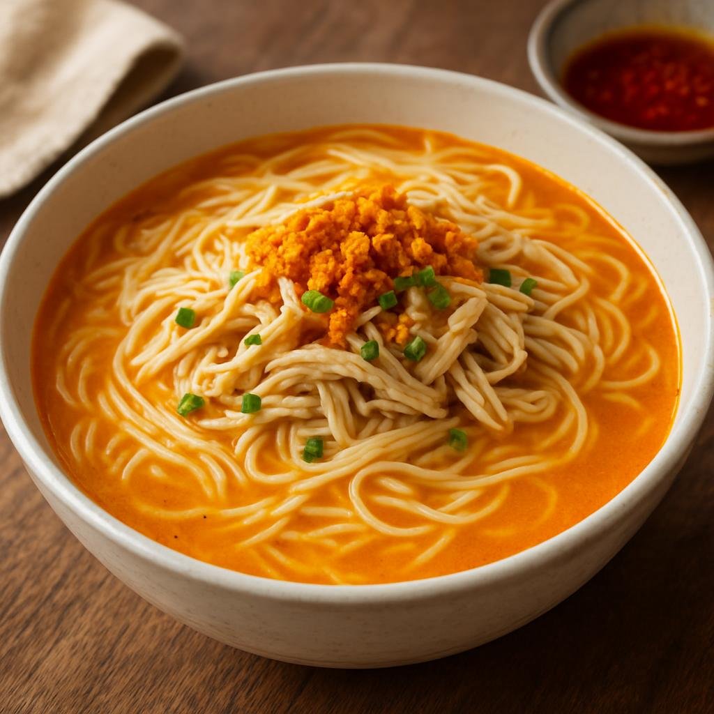 Entree: Myanmar – Shan State Cuisine – ရှမ်းခေါက်ဆွဲ ➤ Shan khauk swe (Shan-style thin rice noodles in a light savory chicken and tomato broth finished with garlic-turmeric oil) recipe