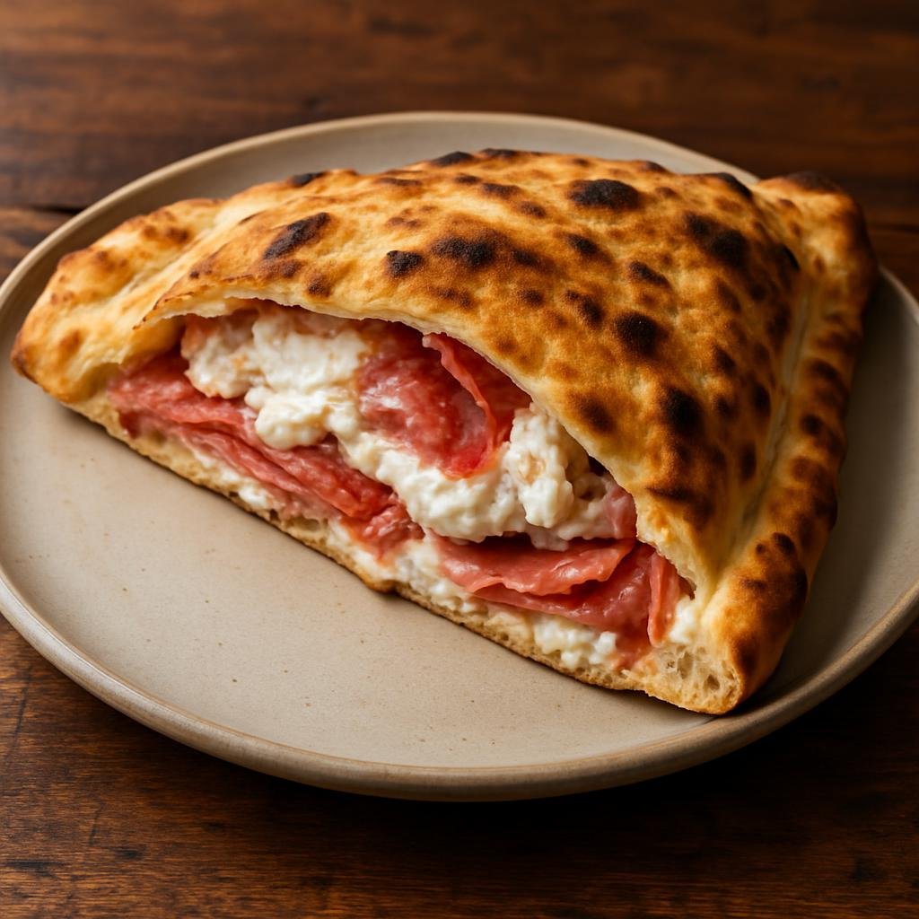 Entree: Italy – Campania / Naples – Calzone Napoletano (Folded Neapolitan pizza pocket filled with ricotta, mozzarella, and cured meats) recipe