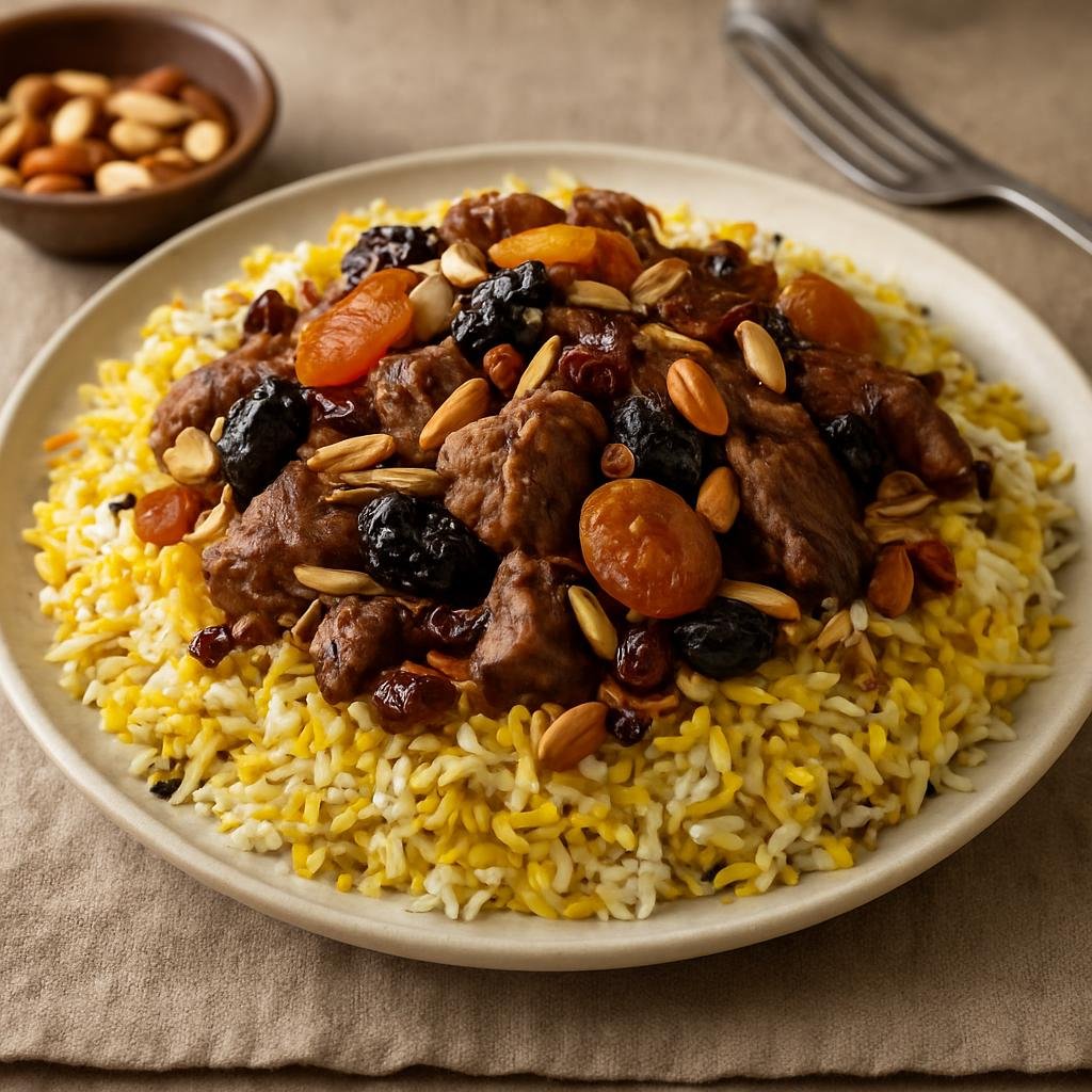 Entree: Iran – Khorasan – پلو خراسانی ➤ Polo-ye Khorasani (Saffron-scented Khorasan-style layered rice pilaf with tender lamb, dried fruits, and nuts) recipe