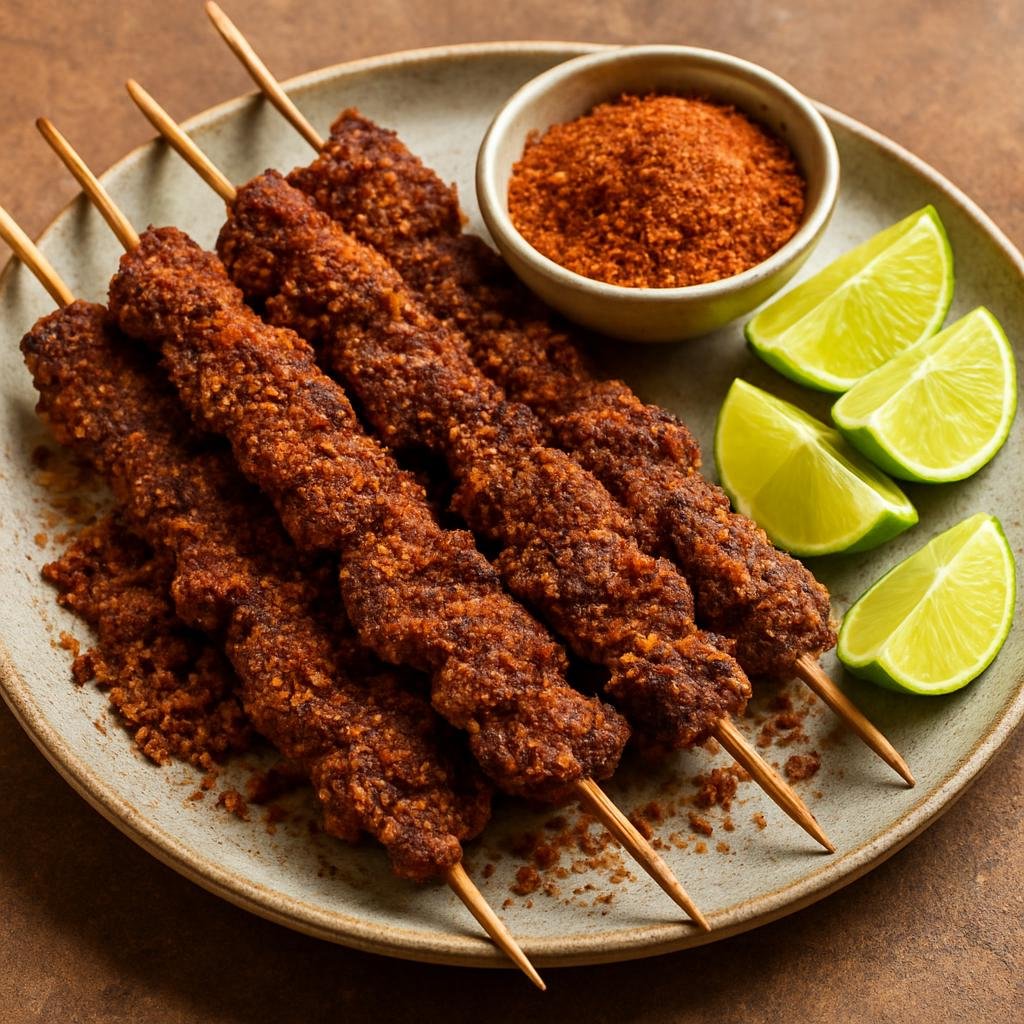 Entree: Nigeria – Kanuri Northeast – Suya (Skewered thinly sliced beef grilled over coals and coated in a spicy peanut-chili dry rub) recipe