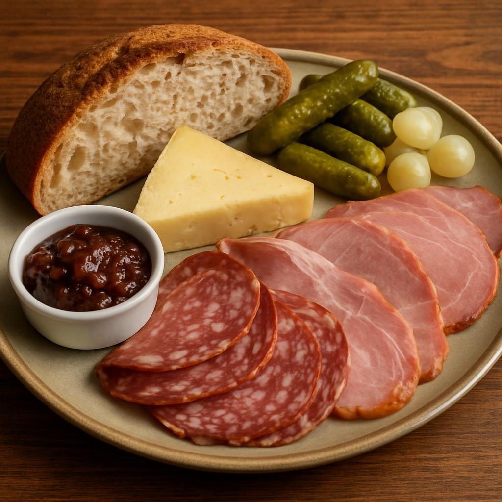 Entree: United Kingdom – England - Midlands – Ploughman's Lunch (Rustic cold meal of crusty bread, cheese, pickles and cured meats traditionally served in pubs) recipe