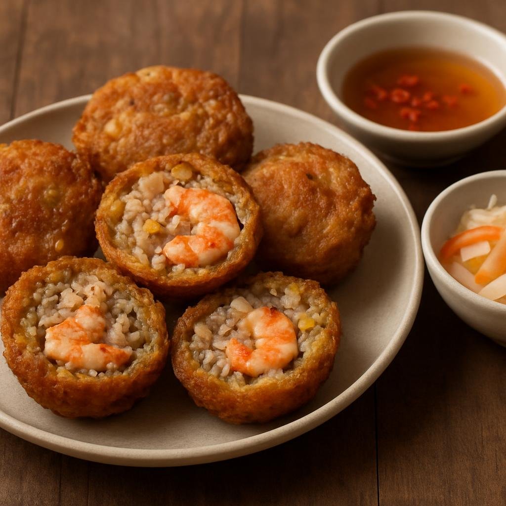 Entree: Vietnam – Mekong Delta – Banh Cong (Crispy deep-fried rice-and-starch cakes filled with savory pork, shrimp, and mung bean, served with pickles and fish sauce) recipe