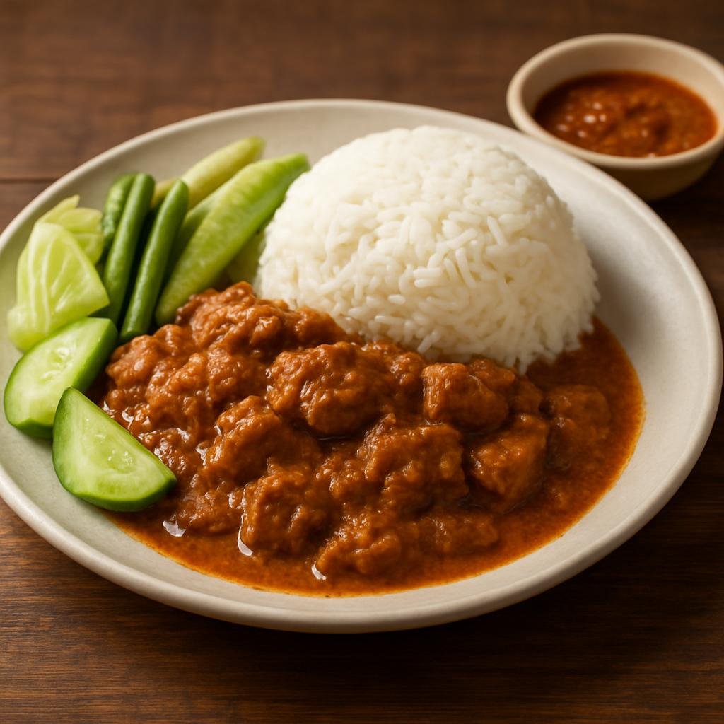 Entree: Cambodia – Phnom Penh – ប្រហុកក្តិស ➤ Prahok ktis (Rich Cambodian pork simmered with fermented fish paste and coconut, served with rice and vegetables) recipe