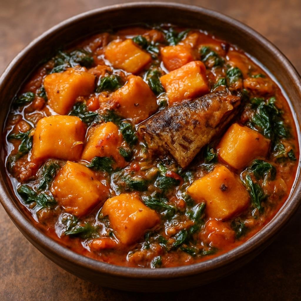 Entree: Ghana – Northern Ghana – Yam Pottage (Thick stew of diced yam cooked and mashed with palm oil, tomatoes, hot peppers, smoked fish, and leafy greens) recipe
