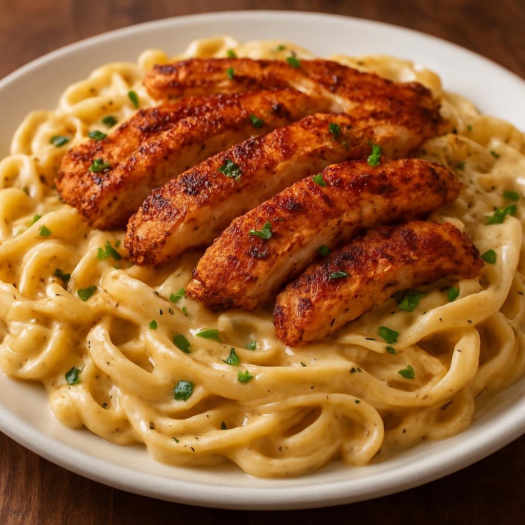 Entree: United States – Cajun Louisiana – Cajun Chicken Alfredo (Creamy Alfredo pasta tossed with chicken seasoned in Cajun spices) recipe