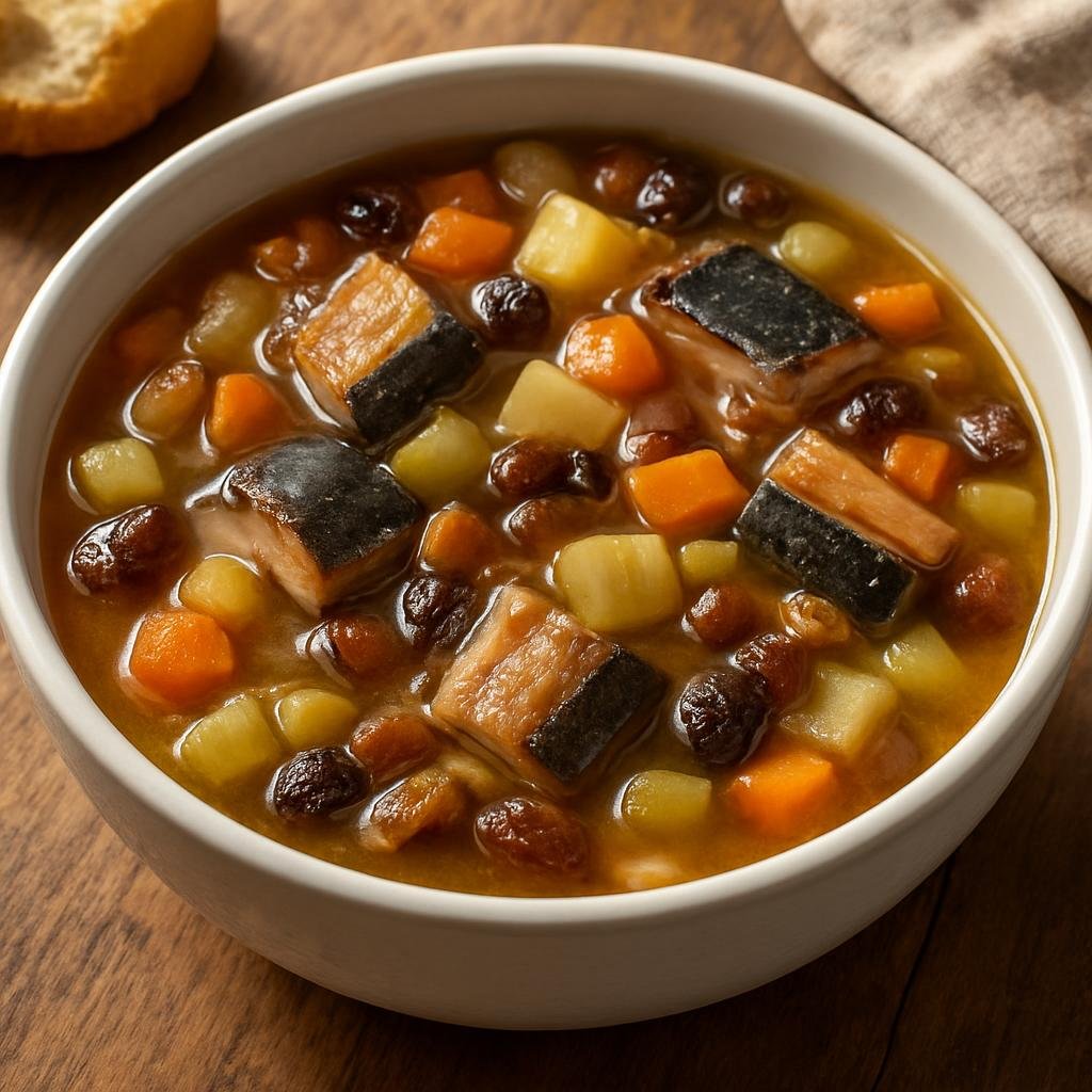 Entree: Germany – Hamburg & North Sea – Aalsuppe (Traditional Hamburg sweet-and-sour eel and vegetable soup combining smoked eel, root vegetables and dried fruit in a tangy broth) recipe