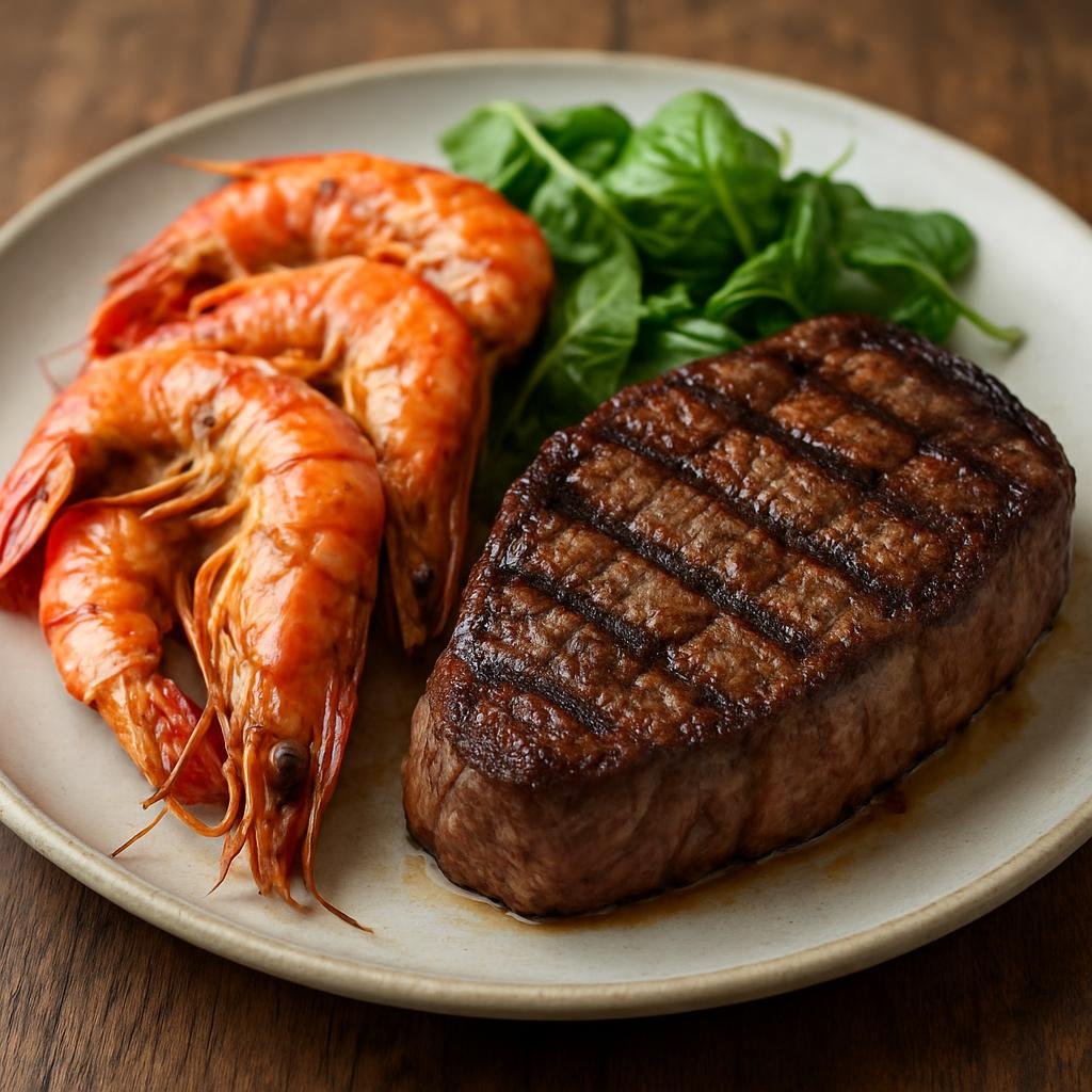 Entree: Australia – Queensland Coast – Reef and Beef (Classic Australian surf-and-turf pairing of coastal prawns and grilled beef steak) recipe