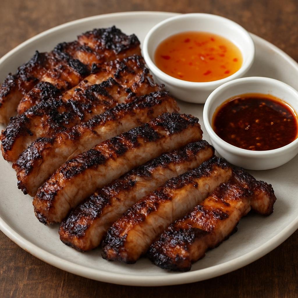 Entree: Philippines – Luzon – Inihaw na Liempo (Grilled marinated pork belly charred over charcoal and served with tangy dipping sauces) recipe