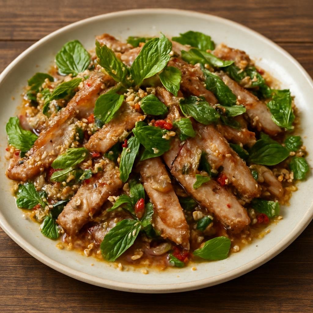 Entree: Thailand – Northern Thailand – หมูน้ำตก ➤ Muu Nam Tok (Grilled sliced pork salad tossed in a spicy-sour fish sauce and lime dressing with toasted rice and fresh herbs) recipe