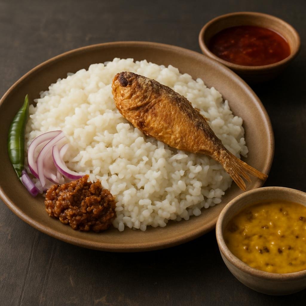 Entree: Bangladesh – Dhaka & Central Bangladesh – পান্তা ভাত ➤ panta bhat (Leftover cooked rice soaked and lightly fermented overnight served with savory condiments and fried fish) recipe