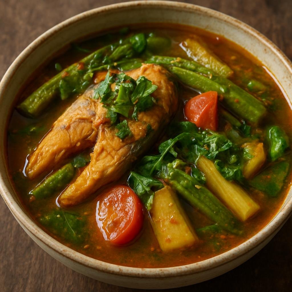 Entree: Cambodia – Phnom Penh – សម្លម្ហូបគ្រឿង ➤ Samlor Machu Kroeung (Cambodian sour stew of fish and vegetables seasoned with aromatic kroeung spice paste and tamarind) recipe