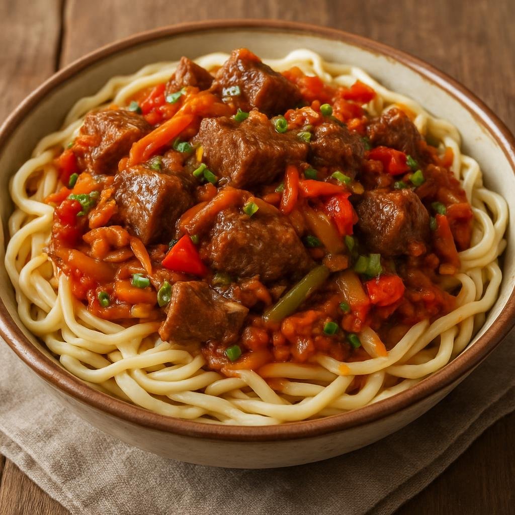 Entree: Uzbekistan – Tashkent – Kovurma Lagman (Stir-fried hand-pulled noodles served with braised lamb and a savory vegetable sauce) recipe