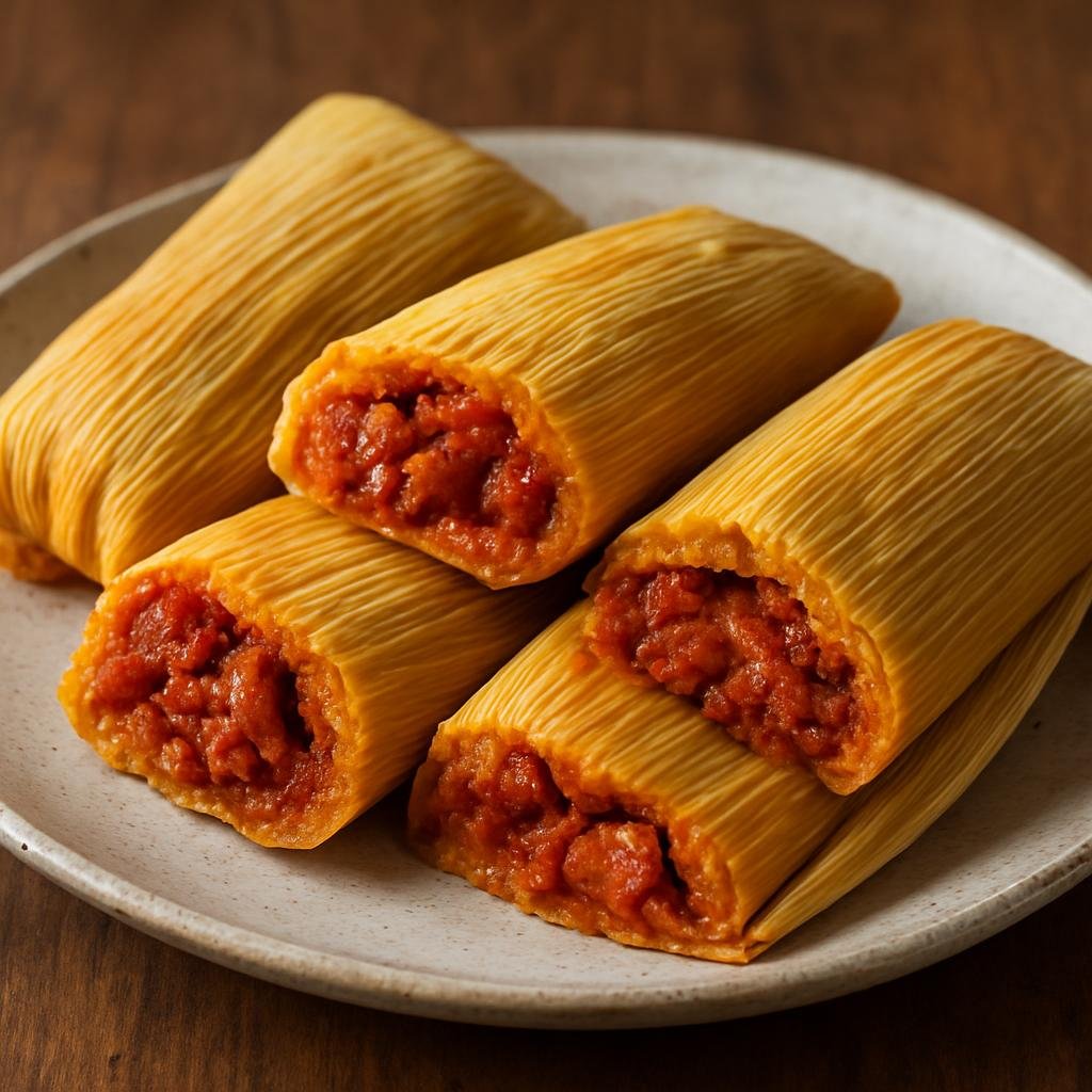Entree: Mexico – Durango & Zacatecas – Tamales Zacatecanos (Corn masa tamales filled with seasoned pork cooked in a red chile sauce and steamed in corn husks) recipe